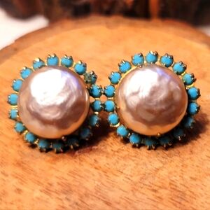 Vintage Stunning Pearl &Turquoise Stone with filigree back clipon earrings